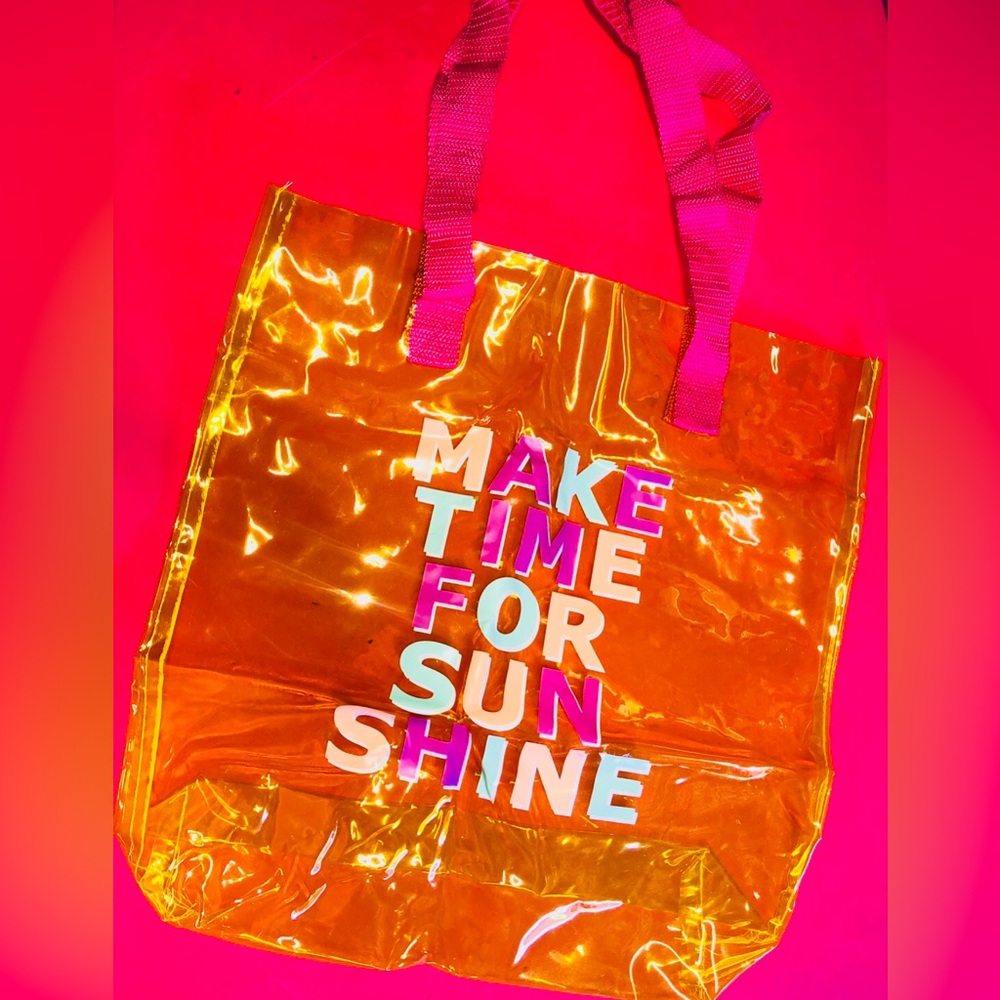 Pink Strap Yellow Holographic Beach See-Through Tote Bag Make Time For Sunshine